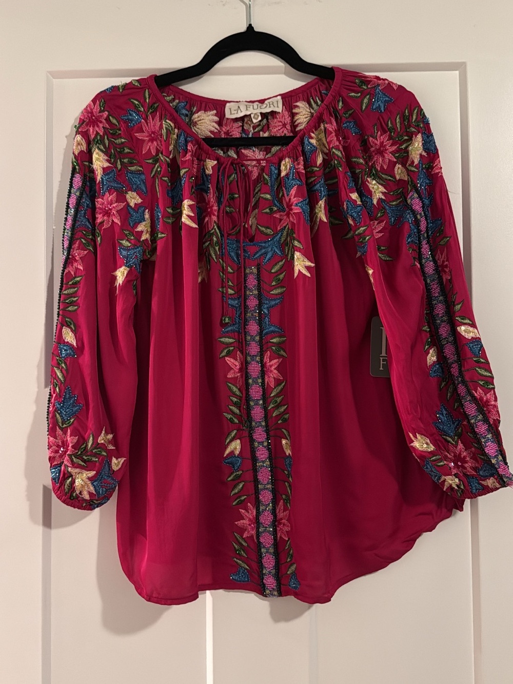 LA FUORI Small Pink Silk Floral Embroidered & Beaded Tie V-Neck Blouse